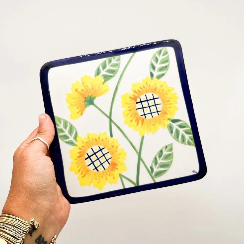Mexican Pottery Handmade Tile Trivet Handpainted Sunflowers Square 7” Mexico‎